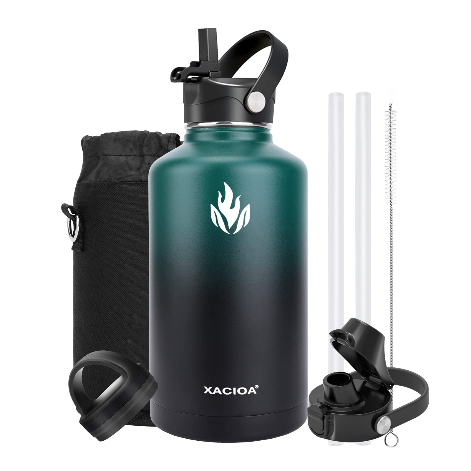 XACIOA Water Bottle Vacuum Insulated 32oz 40oz with Straw Lid,Stainless Steel Drink Flask with Flip Top Bottle Lid,Metal Wide Mouth Double Walled Leak Proof Keeps Hot Cold (Indigo/Black, 64oz)