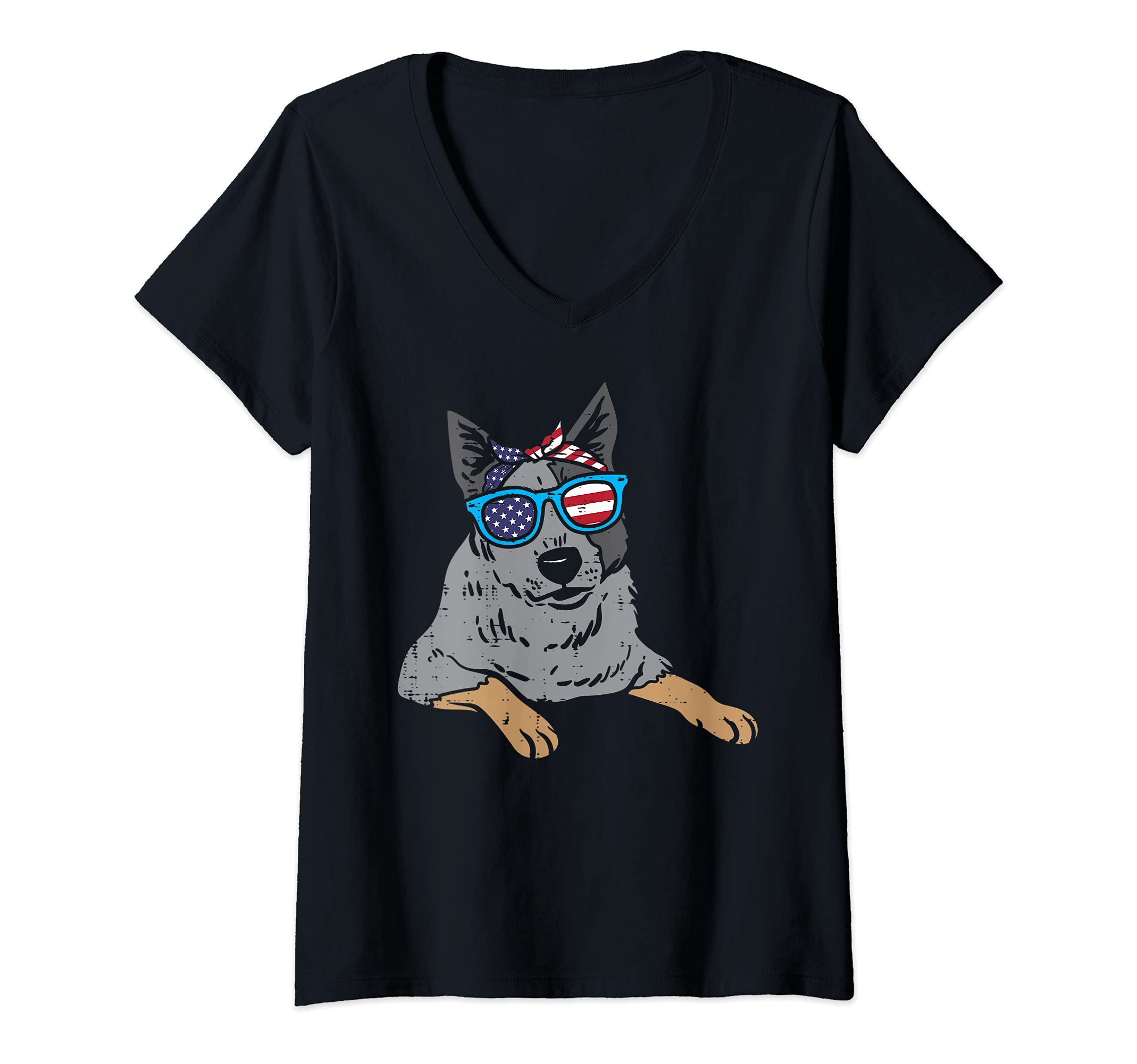 Womens Bandana Heeler Cattle Dog American US 4th Of July Fourth Dog V-Neck T-Shirt