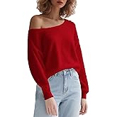 Dressmine Womens Fluffy Off Shoulder Sweatshirts Long Sleeve Tops Knit Batwing Pullover Boat Neck Spring Sweater Clothes
