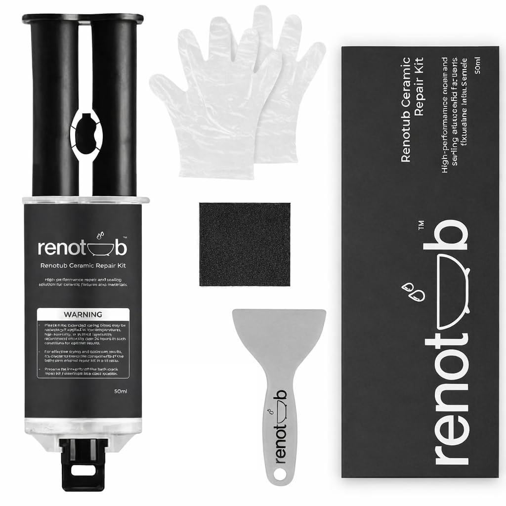 Renotub Premium Enamel Repair Filler Kit White 50ml For Ceramic Porcelain Bath, Sink, Tub, Toilet, Shower Tray & Fibreglass - Chip & Pedestal Crack Hole Scratch Repair