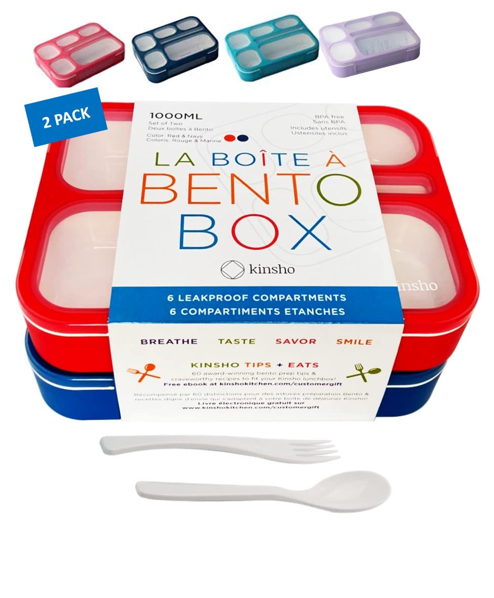 Photo 1 of Bento Lunch Box for Kids: Leakproof Lunch Boxes, Snack Containers for Boys, Girls with 6 Compartments - School, Daycare, Meal Planning Portion Container, BPA-Free Boxes, Utensils, Red Navy Blue Set