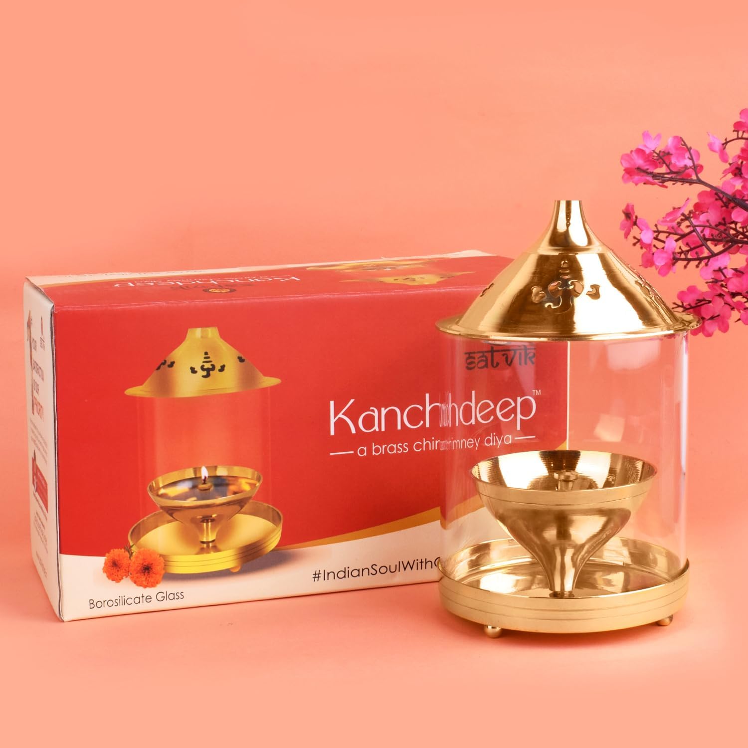 Oil Lamps & Accessories - Satvik 8 Inch Kanchdeep Akhand Diya with Chimney Glass Diwali Pooja Decoration Decorative Brass Oil Lamp Whole Night Dia for Deepawali.Outdoor Mandir Housewarming Return Gift