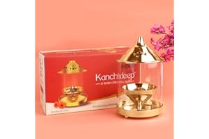 SATVIK STORE Satvik 8 Inch Kanchdeep Akhand Diya with Chimney Glass Diwali Pooja Decoration Decorative Brass Oil Lamp Whole Night Dia for Deepawali.Outdoor Mandir Housewarming Return Gift