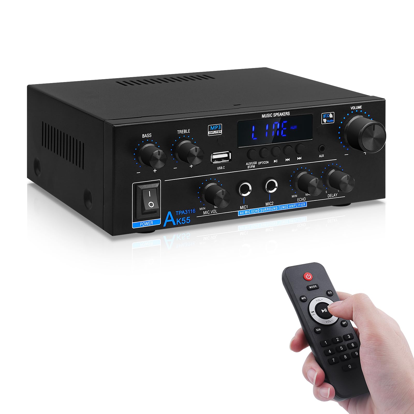 Photo 1 of Bluetooth Amplifier AK-55 Plus Stereo Receivers Amp 2.0 Channel RMS 70W x2 Mini Power Amplifier Home Audio for Speakers with TPA3116D2 Chips, BT/USB/AUX,Optical & Coaxial Inputs, FM Radio, MIC/Echo