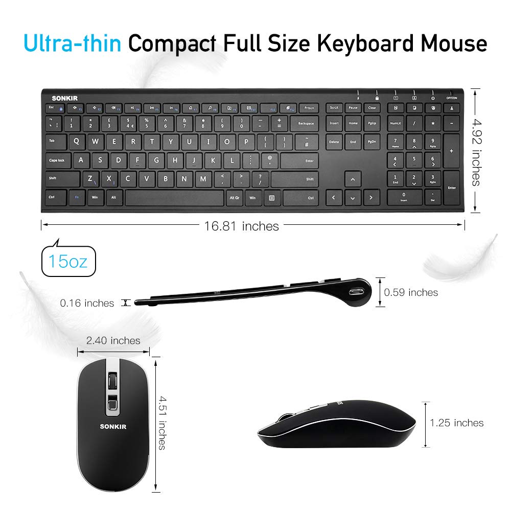 Keyboard Mouse, Sonkir K-18 2.4GHz Ultra Thin Rechargeable Aluminum Full Size Wireless Keyboard Mouse Combo for Windows, Laptop, PC, Notebook (Black)
