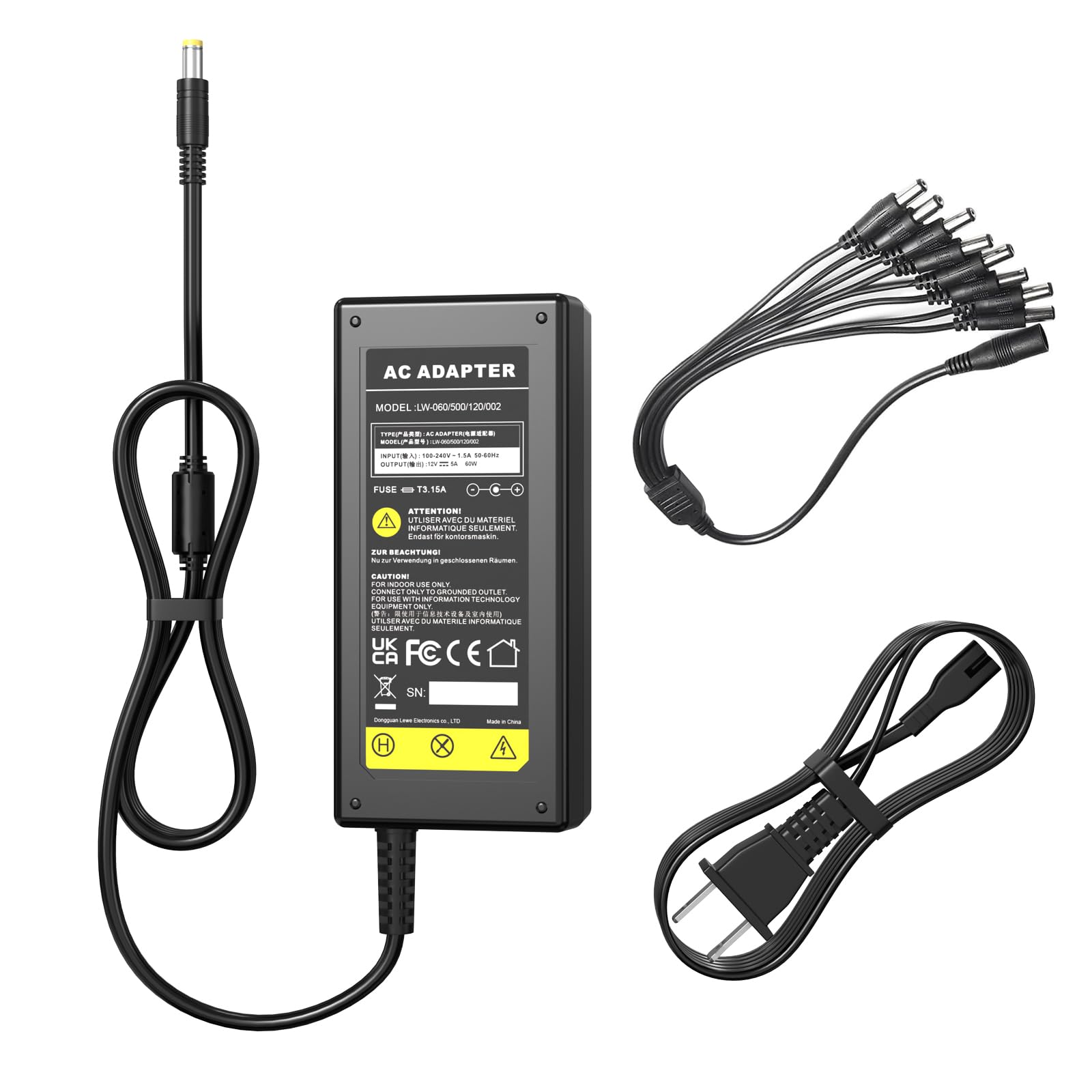 DC 12V 5A Power Supply Adapter with 8 Splitter