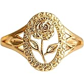 BlingNook Chunky Gold Ring For Women, Trendy Rose Flower Rings Copper Daily Wear Wedding Statement Promise Engagement Party Jewelry Wife Mother Gift Birthday Valentines Mom