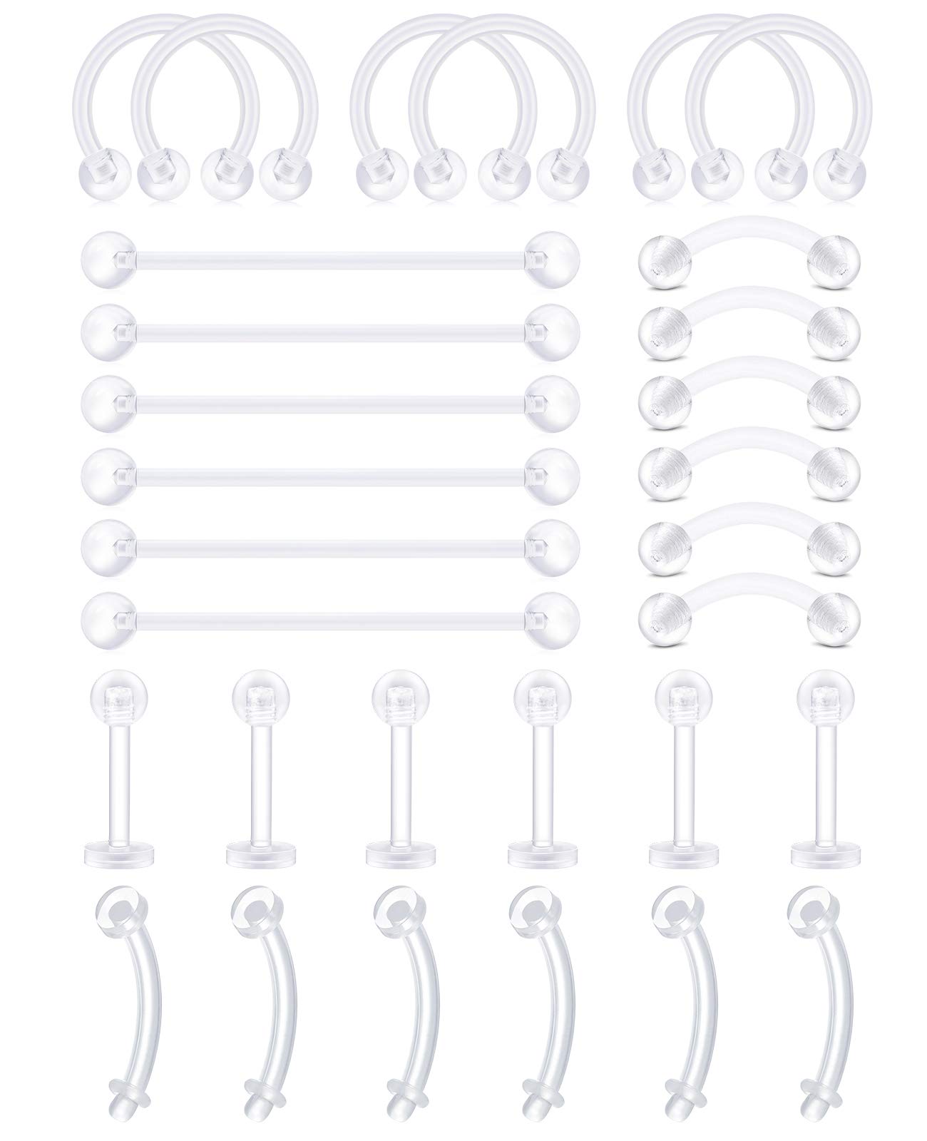 Funseedrr 30pcs Acrylic Clear Tragus Helix Earrings Retainer Studs Hoop 16G 14G 8/10/38mm Bioflex Cartilage Eyebrow Ear Lip Nose Piercing Ring Bars
