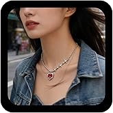 Allereyae Vintage Layered Crystal Love Heart Necklace Pink Crystal Heart Pendant Necklace Silver Cz Star Choker Necklace Splice Tennis Chain Necklace Jewelry for Women