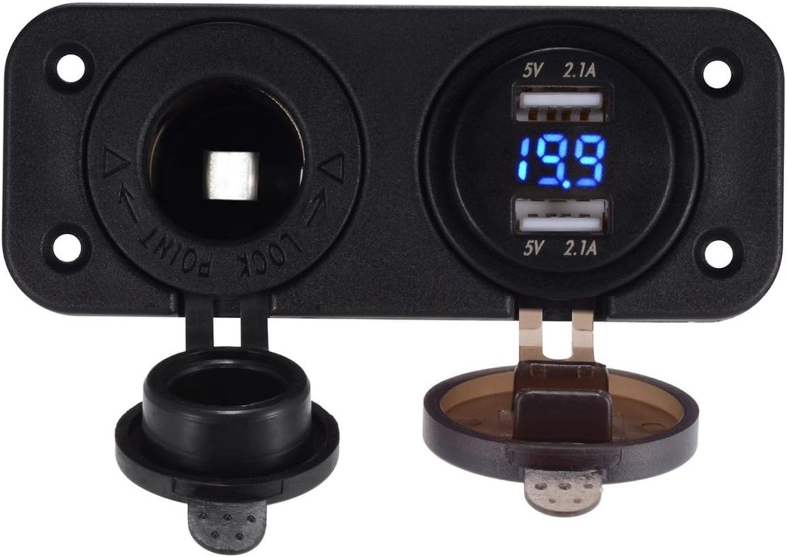 LiDiVi Dual USB Socket Charger 2.1A & 2.1A with LED Voltmeter + 12V Power Outlet, Triple Function Panel for Car Marine Vehicle Motorcycle ATV (Blue)