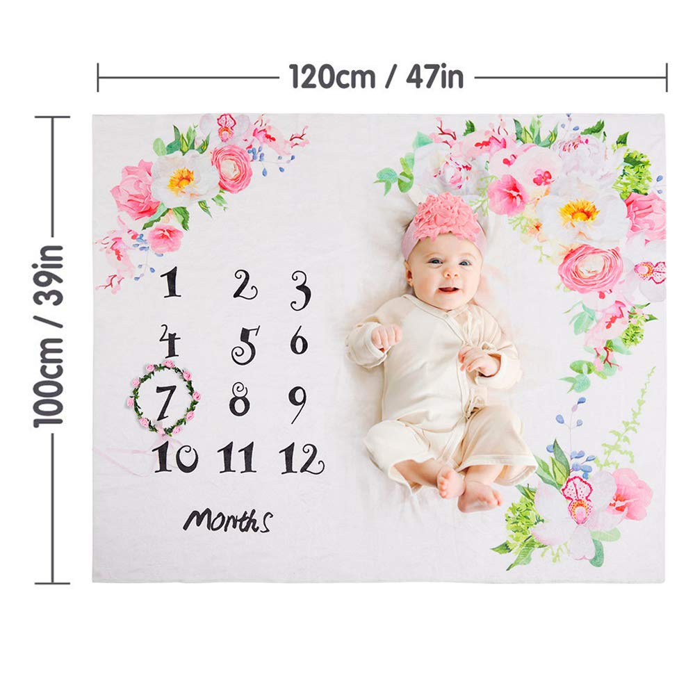 Baby Monthly Milestone Blanket, Premium Flannel Fleece, Includes Floral Wreath & Headband, Newborn Photography Prop, Baby Shower Gift
