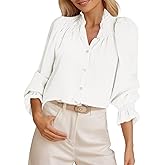 Tankaneo Womens Puff Long Sleeve Button Down Shirts Ruffle Mock Neck Blouses Dressy Casual Loose Fit Tops