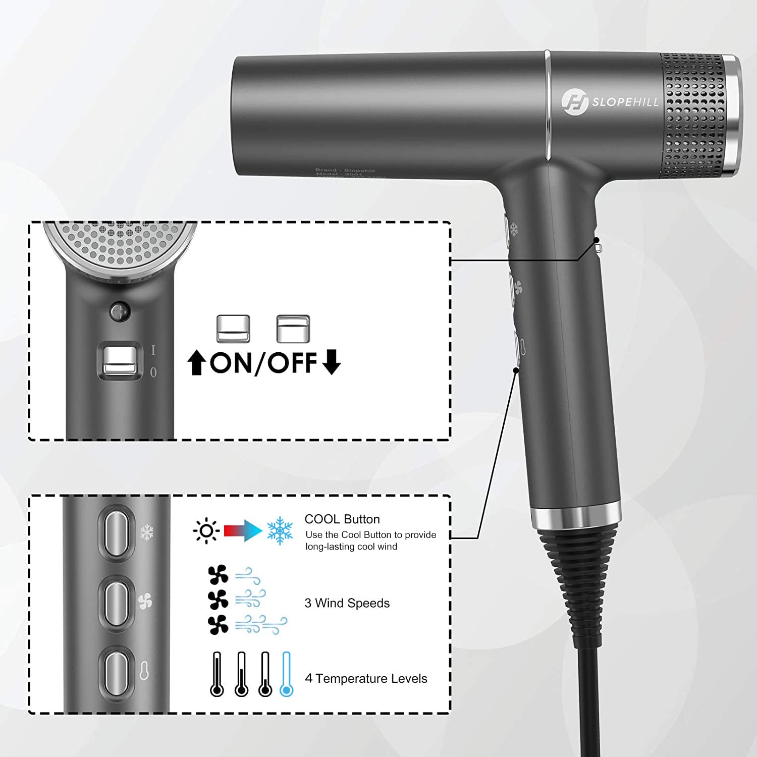 slopehill Hair Dryer with Unique Brushless Motor | Intelligent Fault Diagnosis | Innovative Microfilter | Oxy Active Technology | Led Display (Grey)