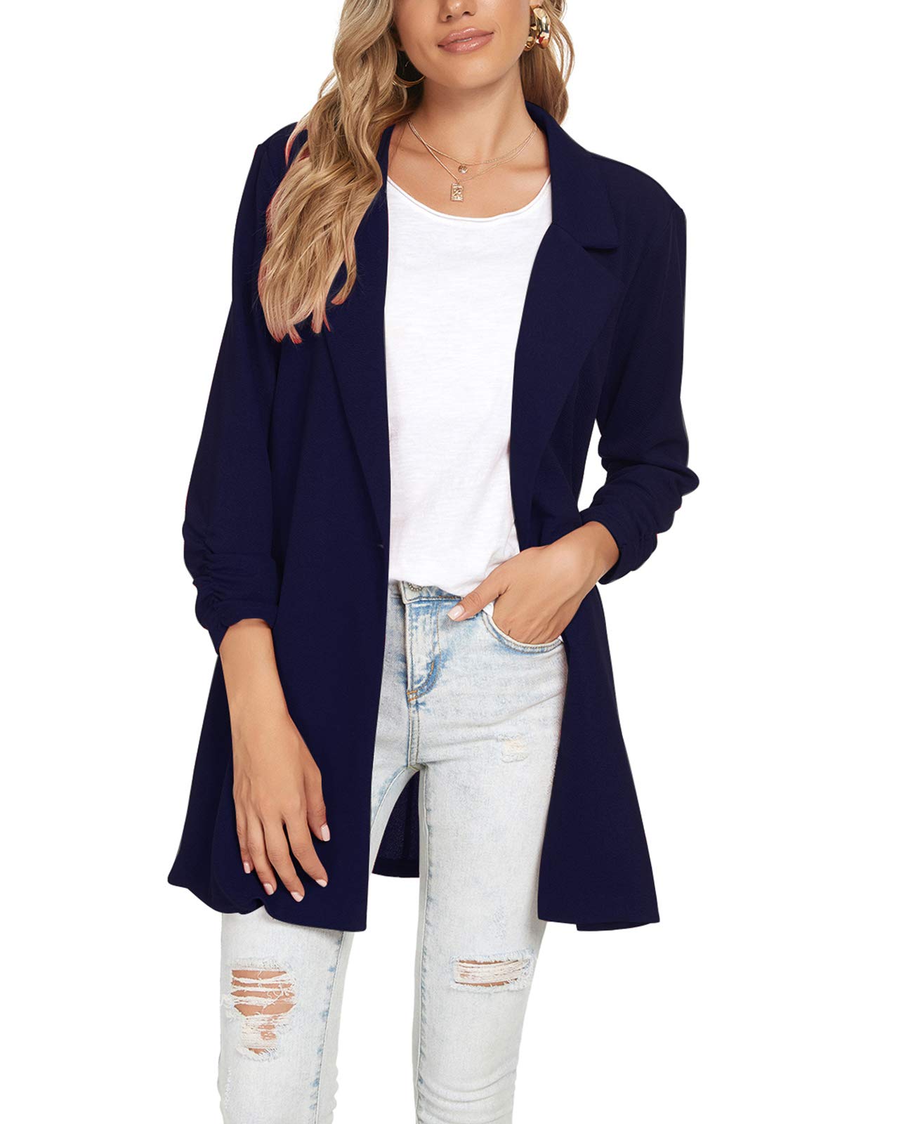 Photo 1 of Unifizz Womens Open Front Blazer 3/4 Sleeve Casual Lightweight Soft Knit Jacket with Pockets - Navy, Size M