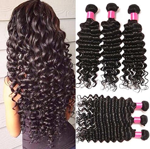 Brazilian Hair Deep Wave Remy Hair Extensions Human Hair (20 22 24) Inch 3-pack Bundles(100g/bundles) 10.58oz Total Natural Black Color Can be Dyed