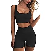 QINSEN Workout Sets for Women 2 Piece Seamless Ribbed Crop Tank High Waist Shorts Yoga Outfits