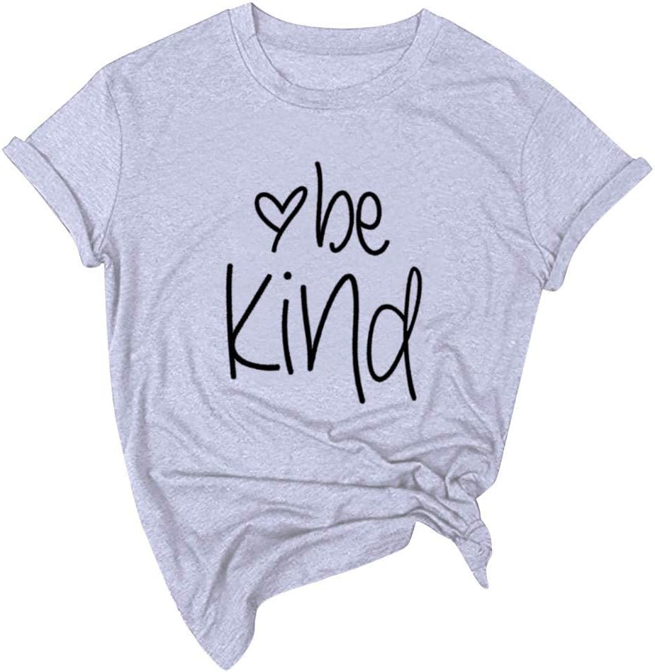 Weginte Women Round Neck Blouse Be Kind Letter Print Sweatshirt Casual Cozy Solid Color Pullover Short Sleeve Tunic Tee Top