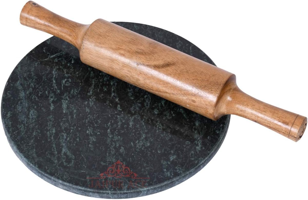 IBLAY Green Marble Chakla Belan/Chapati Maker with Wooden Belan/Rolling Pin Board - Full Finished Marble Roti Maker (10in)