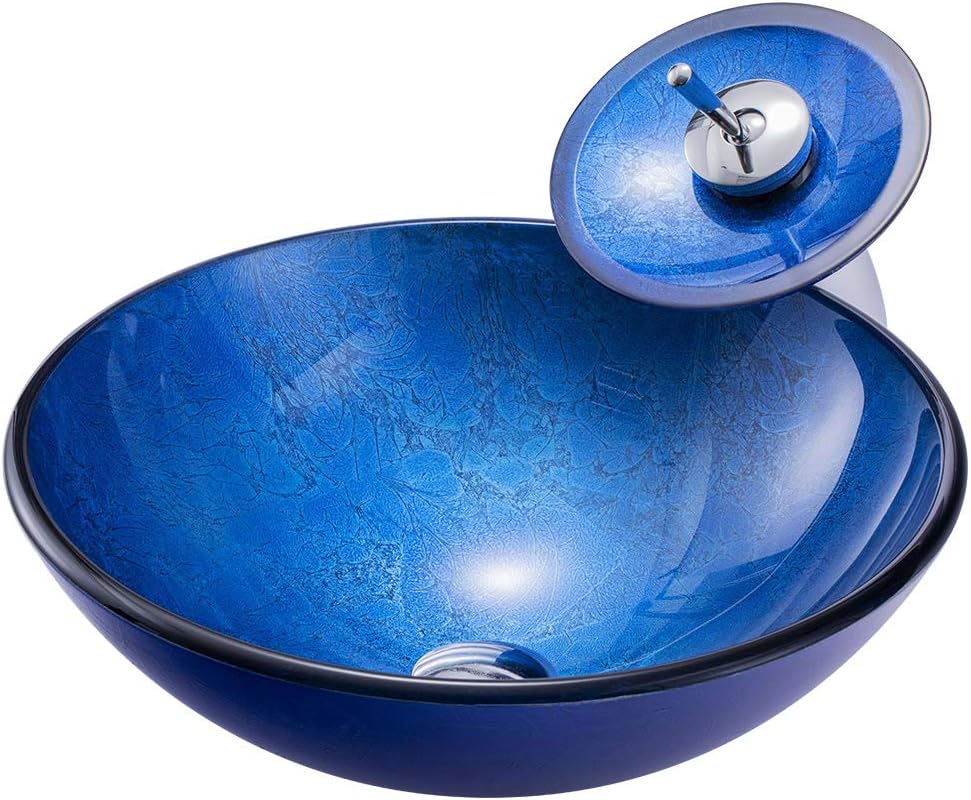 Vessel Sink Contemporary Blue Basin Foil Covered Tempered Glass Round with Waterfall Faucet
