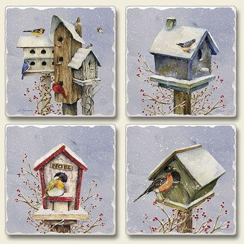 Christmas Birdhouses ~ 4 Tile Square assorted coasters Drink Coasters ~ code 179