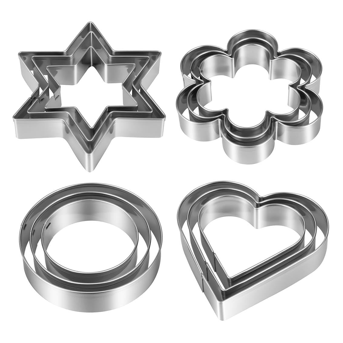 Photo 1 of ***missing three pieces** Metal Cookie Cutters Set 12 Pieces, Stainless Steel 3 Heart Cookie Cutters, 3 Star Cookie Cutters, 3 Flower Cookie Cutters, 3 Round Cookie Cutters for Valentine's Day Christmas Holiday