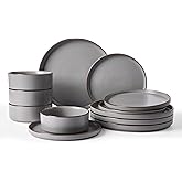 Famiware Nebula Ridge Stoneware Dinnerware Sets, Plates and Bowls Sets for 4, 12 Pieces Dishes Set, Microwave and Dishwasher Safe Kitchen Plates, Dark Gray