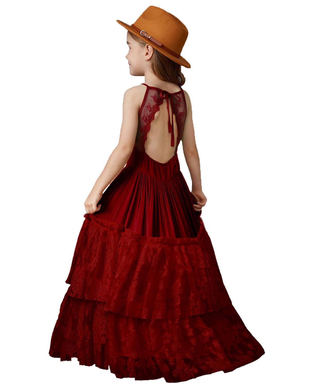 BIBIHOU Girls Crew Neck Toddler Backless Tulle A-Line Maxi Dress Holiday Party Flower Girl Dresses, 7 Years Image