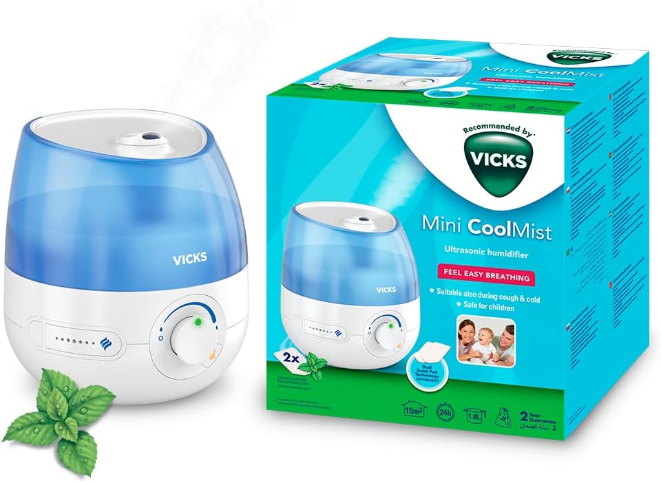 Vicks Mini Cool Mist Ultrasonic Humidifier VUL525 Quiet Sleep Cough Cold Comfort