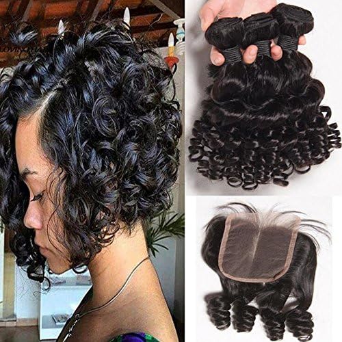Aliglossy Hair Brazilian Virgin Hair Funmi Hair With Closure Bob Weave 3 Bundels With Closure Curly Weave Human Hair With Closure （10 10 10 with12）