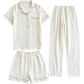 pagepx Womens Gauze Pajama Set Lounge Sets Short Sleeve Shirts 3 Piece Cute Floral Pj Set Sleepwear Loungewear