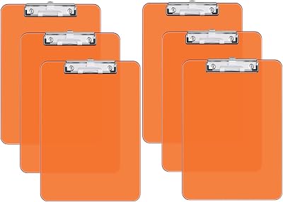 Hnogri Plastic Clipboard Set of 6 Orange Clip Board A4 Letter Size 12.5 x 9