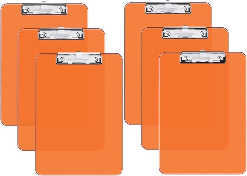Hnogri Plastic Clipboard Set of 6 Orange Clip Board A4 Letter Size 12.5 x 9