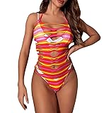 SINROYEE Womens Sexy Teddy Lingerie Mesh Stripe