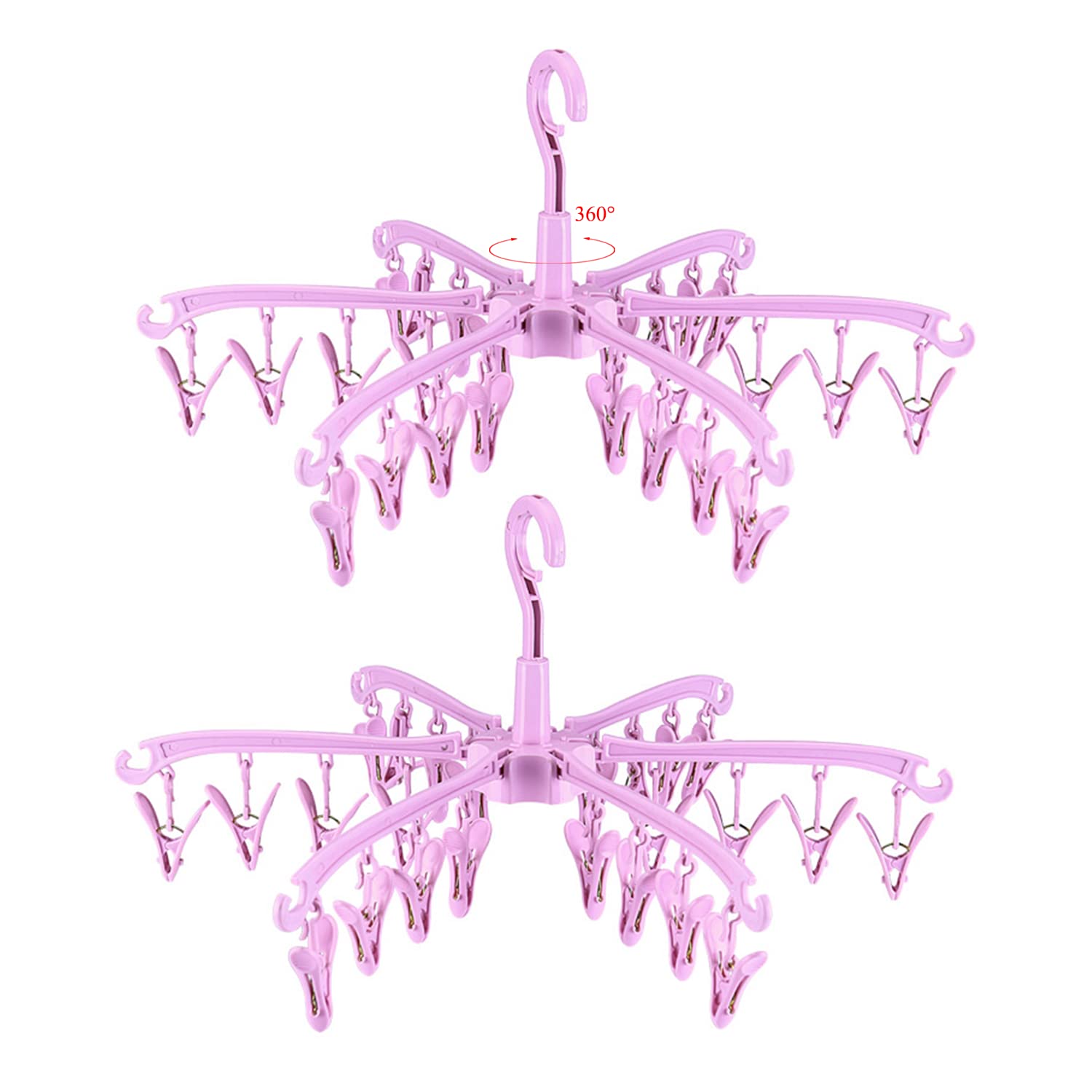 BONYCUST 24 Peg Folding Sock Hanging Rotatable Drying Rack Hanger Sock Dryer for Lingerie Clothes Shoe Insoles Underwear Baby Clothes & Hats 2 pcs (pink)