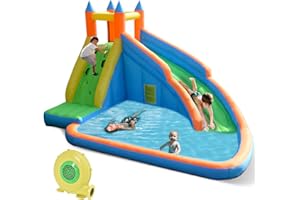 Costzon Inflatable Water Slide, Giant Bouncy Waterslide Park for Kids Backyard Outdoor Fun with 735w Blower, Climbing Wall, Splash Pool, Blow up Water Slides Inflatables for Kids and Adults Party Gift