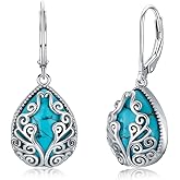 Reaii Natural Turquoise Drop Earrings for Women 925 Sterling Silver Filigree Teardrop Earrings with Genuine Turquoise Jewelry Gifts