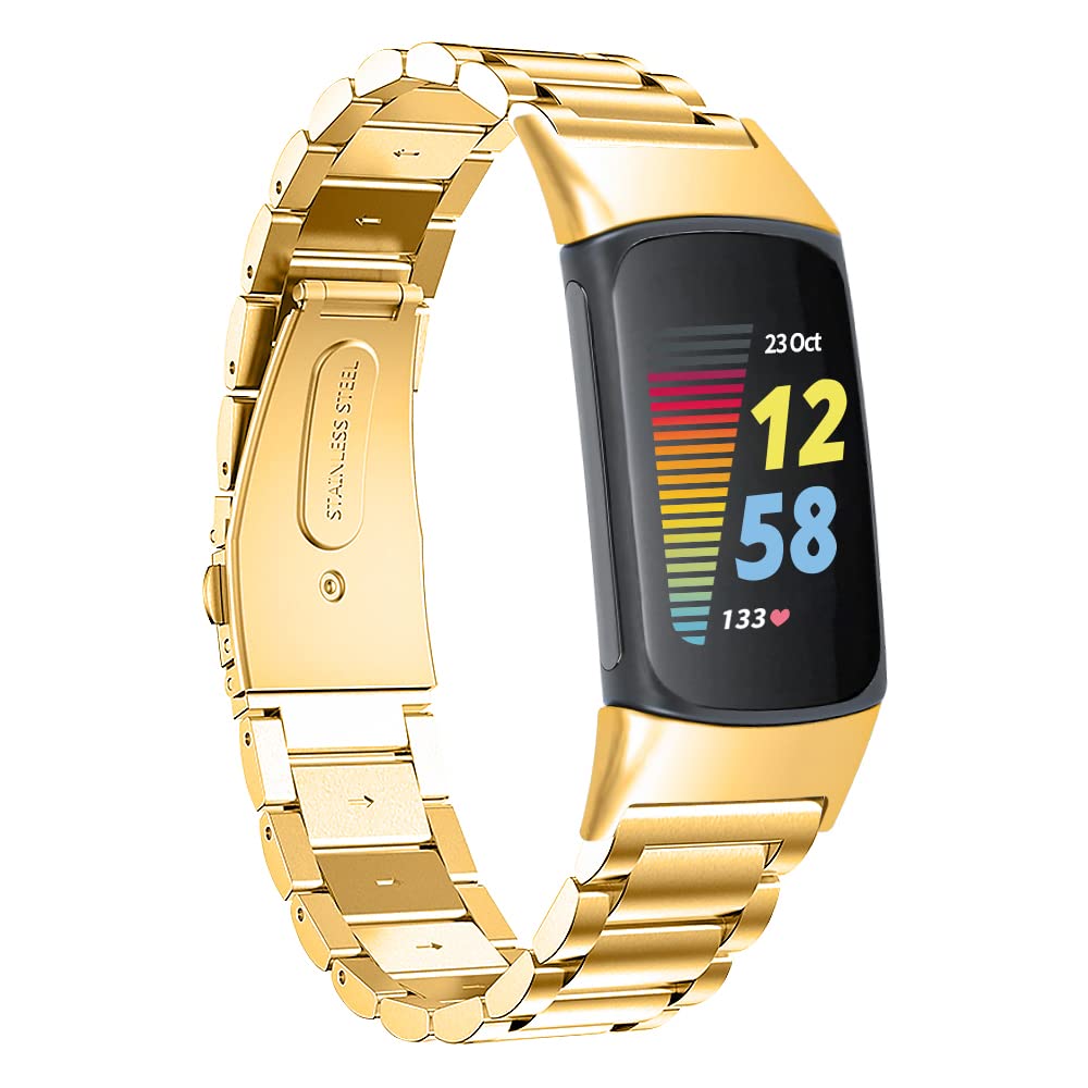 Chofit Straps Compatible with Fitbit Charge 6/Charge 5 Strap, Metal Stainless Steel Replacement Bands Business Wristband for Charge 5 Activity Tracker (Gold)