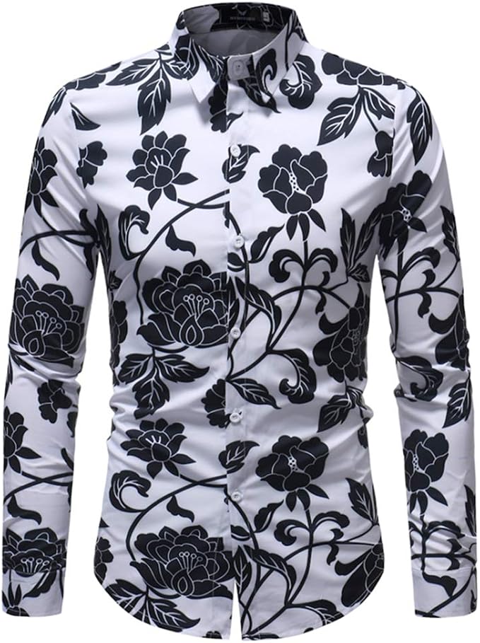 BESBOMIG Mens Fancy Floral Shirt Tops Unique Pattern Long Sleeve