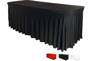 DESTINATION Table Skirt for Rectangular Tables 8ft - Spandex Table Covers for Standard 8 Foot Table - One Piece Fitted Elastic Tablecloth - Wrinkle Resistant Ruffles Design for Weddings, Party, Events (Black)