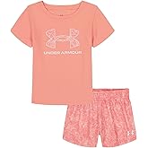 Under Armour Girls' 2-piece Short Sleeve Tee and Shorts Set, Lightweight and Comfortable, Posh Pink Mesh, 2T