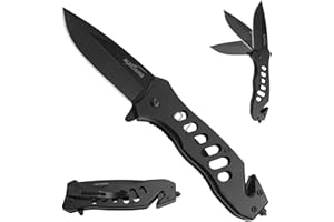 ALBATROSS Multifunction Folding Pocket Knife with Glass Breaker, Seatbelt Cutter, Spring Assisted Open, 440C Stainless Steel 3" Blade, 7.5" Overall (Black)