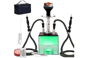 NEWBEECLASSIC Upgraded Large Opening Design 2 Hose Hookah Set with Travel Bag and Cleaning Brush,Portable Micro Modern Cube Acrylic Hookahs with Silicone Hookah Bowl Two Leather Hose Coal Tongs Aluminum Stem,Cube Hookah with Remoted LED Light