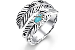 AVECON Sterling Silver Feather Ring with Black Onyx & Turquoise - Adjustable Stacking Vintage Statement Ring for Women & Men
