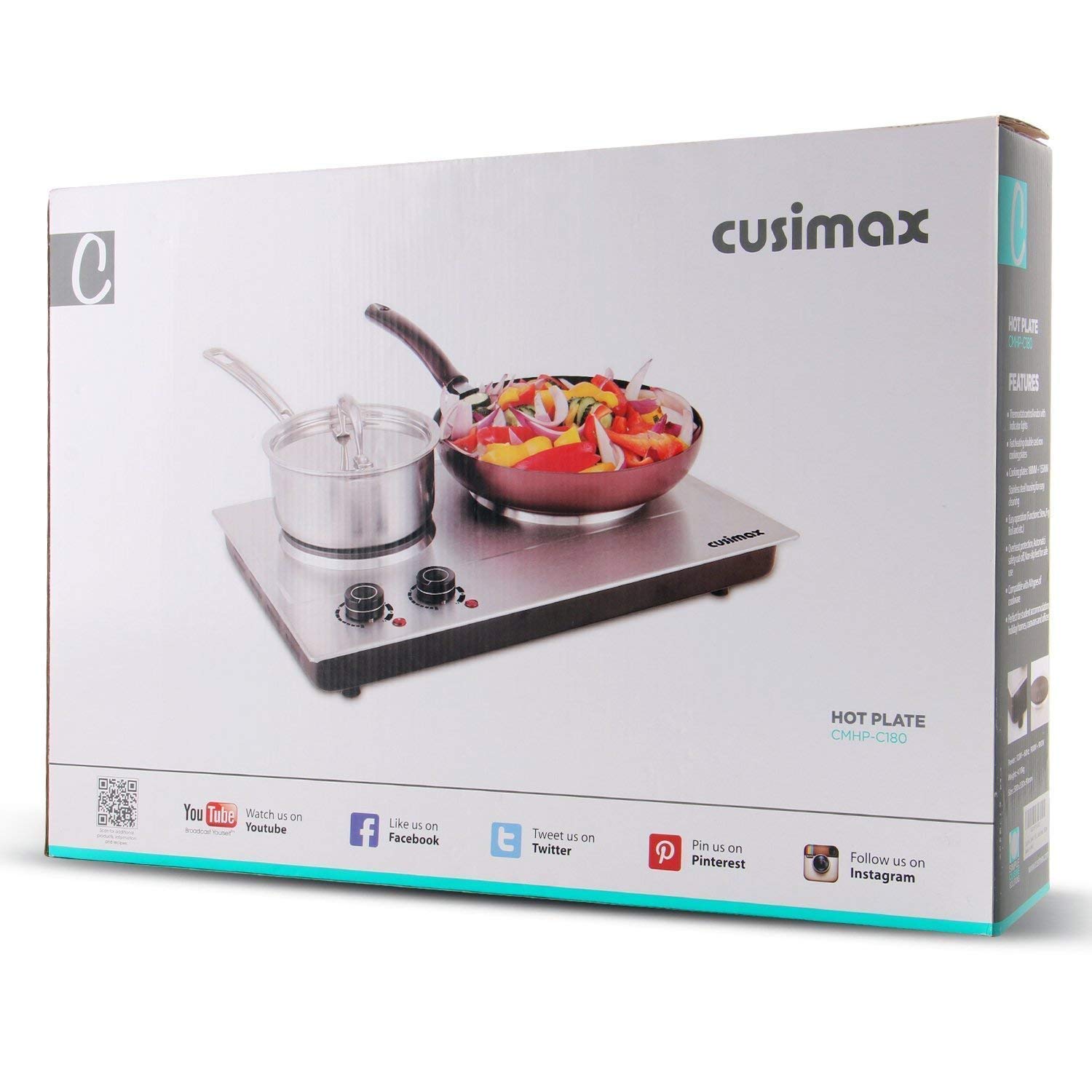 CUSIMAX 1800W Double Hot Plate, Stainless Steel Silver Countertop