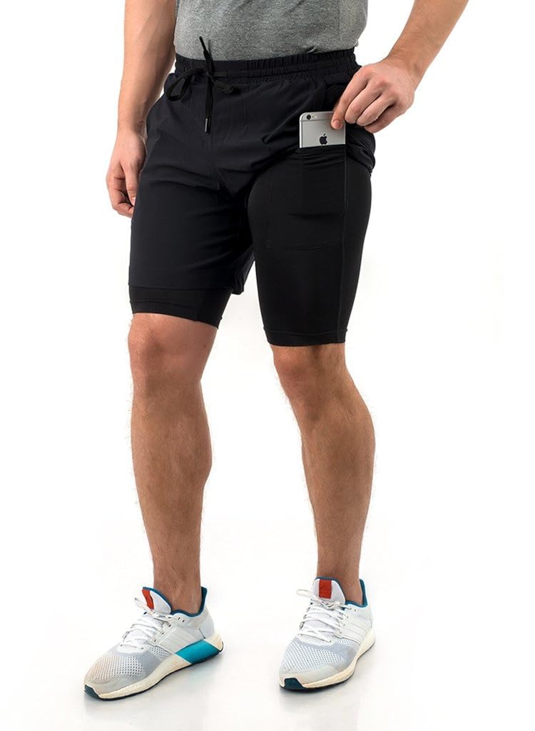 truerevo double layered sports shorts with phone pocket for men
