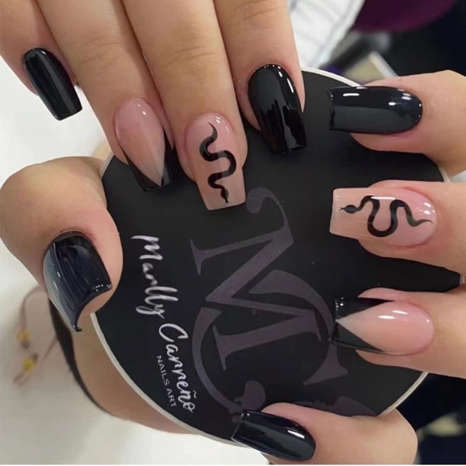 RUNRAYAY Black & Nude French Medium Fake Nail, Press on False Nails with Snake Design, Coffin Acrylic Full Cover Nails Tips for Women & Girls 24Pcs