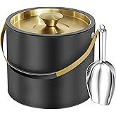 3.2L Modern Insulated Ice Bucket with Silicone Lid, Scoop, Strainer, Double Wall Stainless Steel Ice Bucket for Parties & Coc