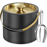3.2L Modern Insulated Ice Bucket with Silicone Lid, Scoop, Strainer, Double Wall Stainless Steel Ice Bucket for Parties & Coc