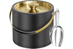 3.2L Modern Insulated Ice Bucket with Silicone Lid, Scoop, Strainer, Double Wall Stainless Steel Ice Bucket for Parties & Coc