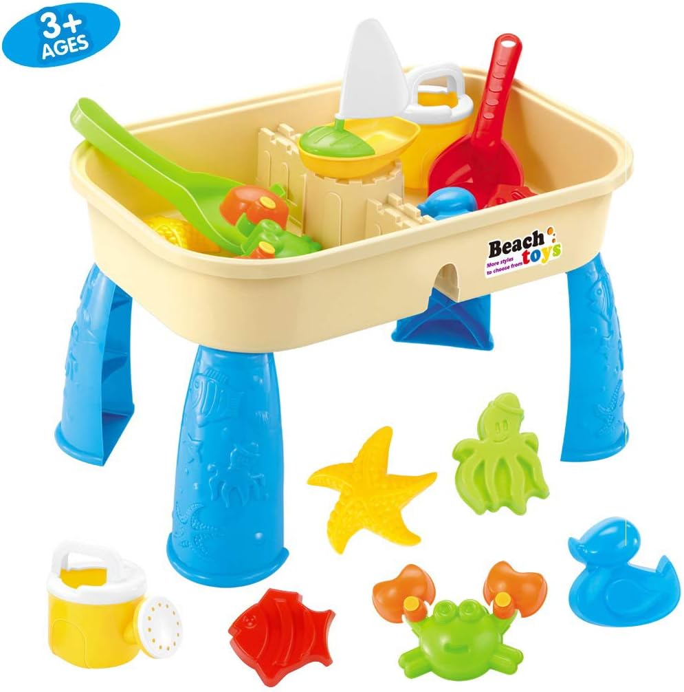 Sand and Water Table Box Toys for Kids with Cover, 2 in 1 Outdoor Lakeshore Learning & Garden Toys Sand Table with Molds Shovel for Toddlers Age 3 (Multicolored)